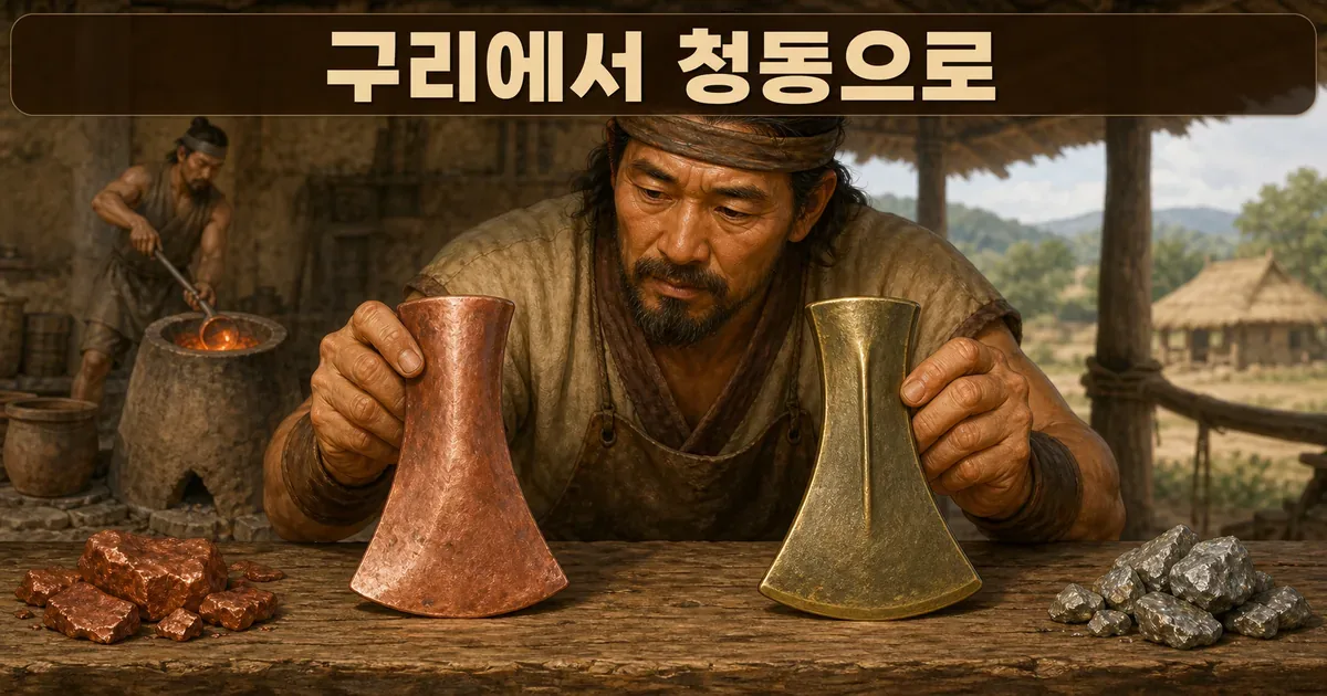순수 구리 도끼와 주석 청동 도끼를 비교하는 청동기 작업장