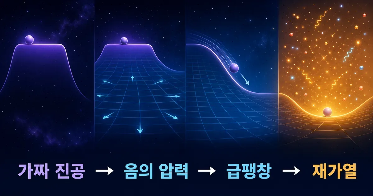 가짜 진공에서 음의 압력과 인플레이션을 거쳐 재가열로 이어지는 네 단계