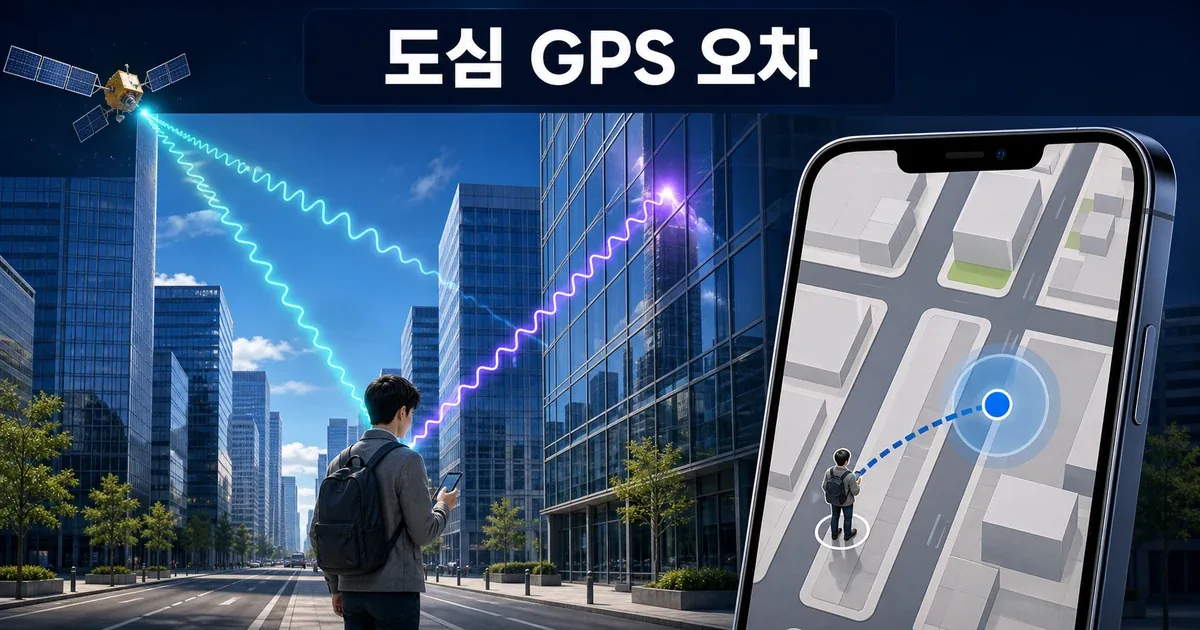 고층 빌딩에서 GPS 위성 신호가 반사돼 위치 오차가 생기는 장면
