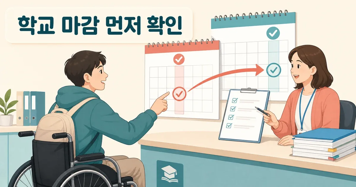 장애학생이 학교 장학 담당자와 내부 마감일과 제출 서류를 확인하는 모습