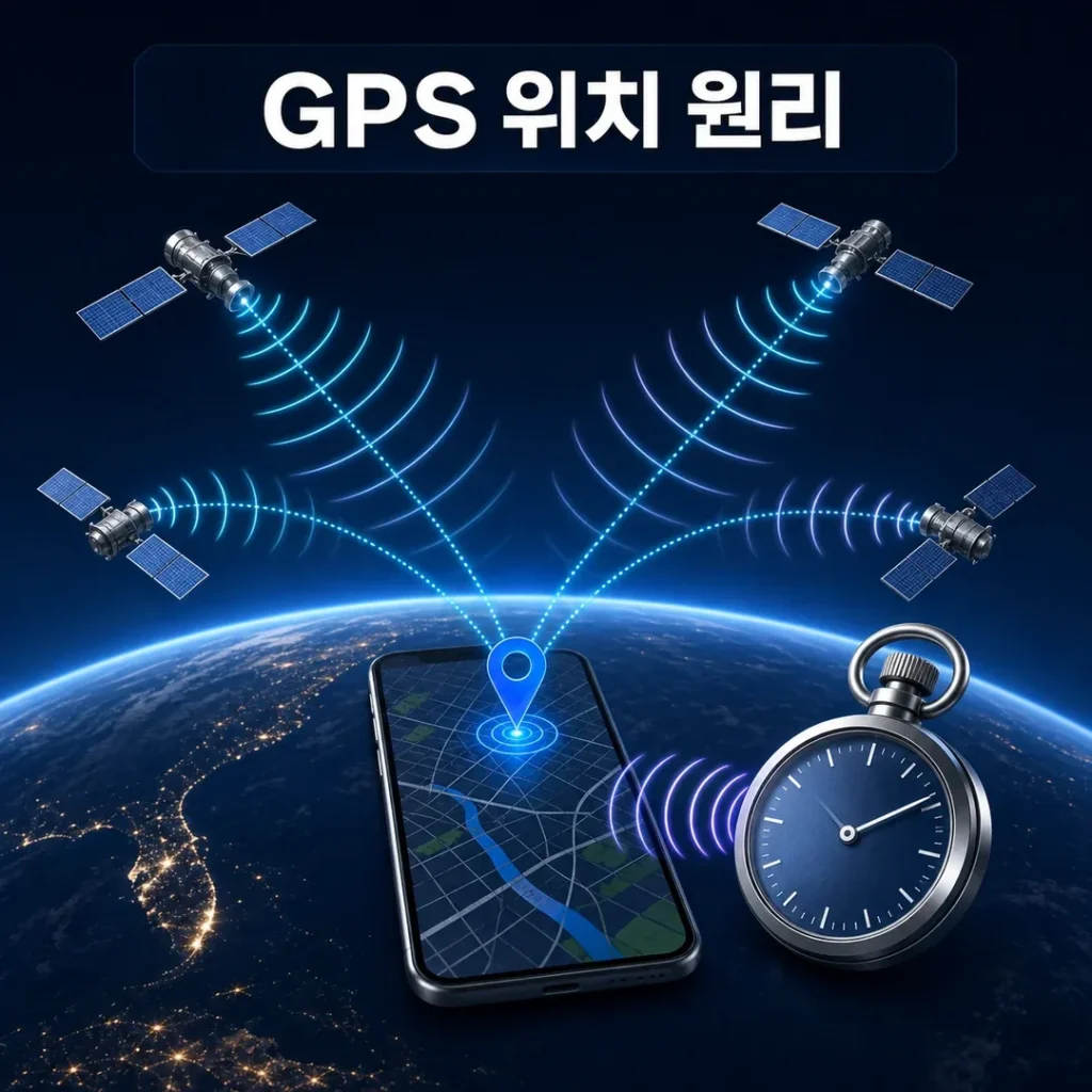 GPS 위성 4개와 스마트폰 위치점 원자시계를 표현한 타이틀 이미지