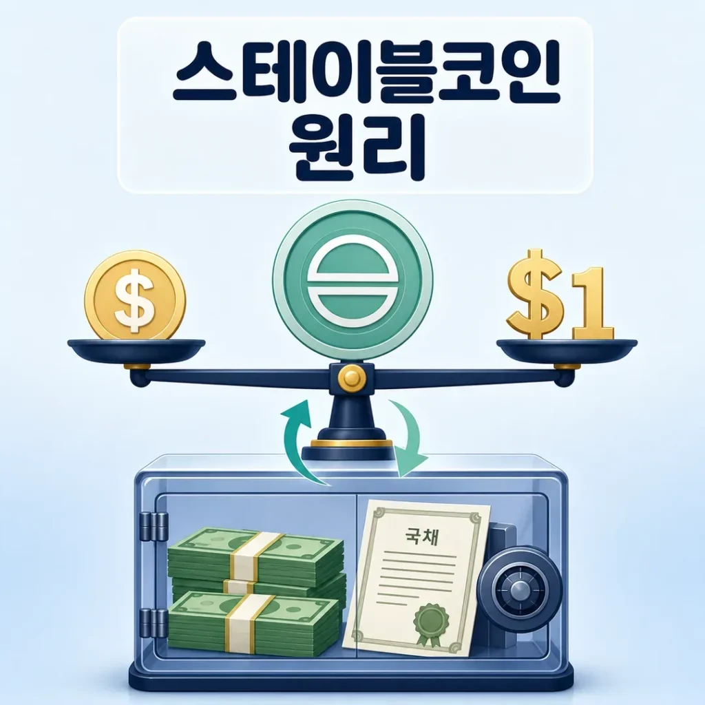 스테이블코인 원리와 1달러 페그 준비자산을 표현한 대표 이미지