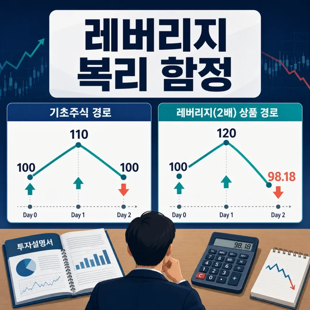 단일종목 레버리지 인버스의 기초주식 100과 2배 상품 98.18 경로 비교