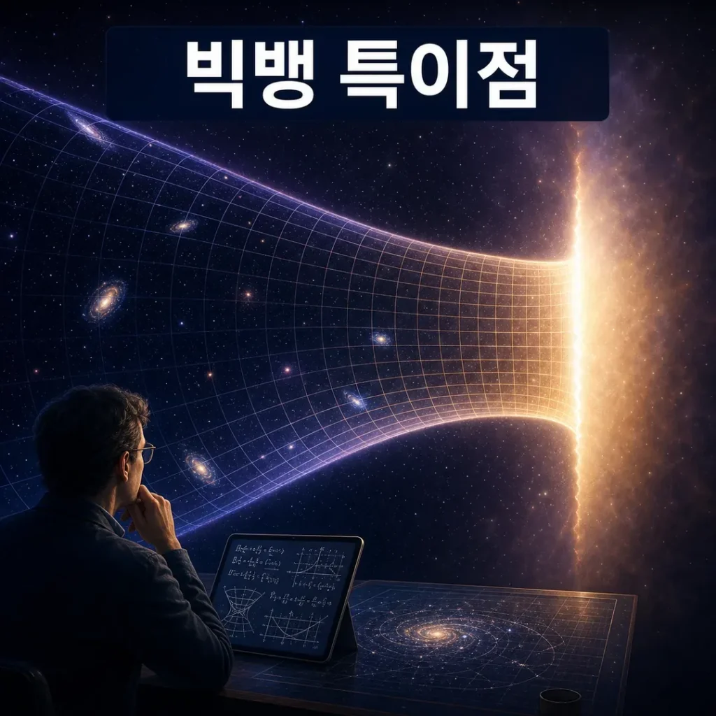 빅뱅 특이점에서 일반상대성이론의 시공간 계산이 멈추는 모습을 표현한 대표 이미지