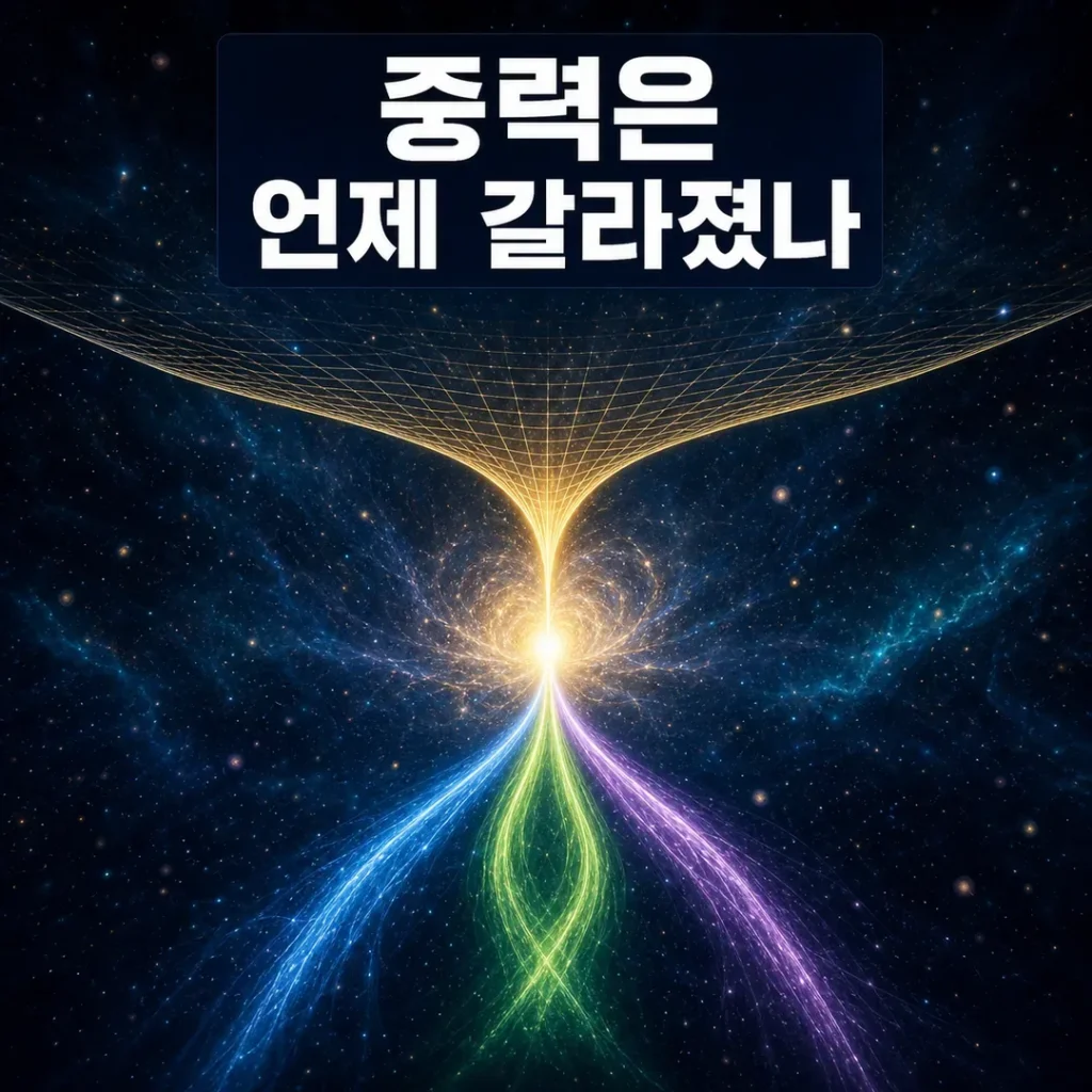 초기 우주에서 중력과 세 기본 힘이 갈라지는 가설을 표현한 대표 이미지