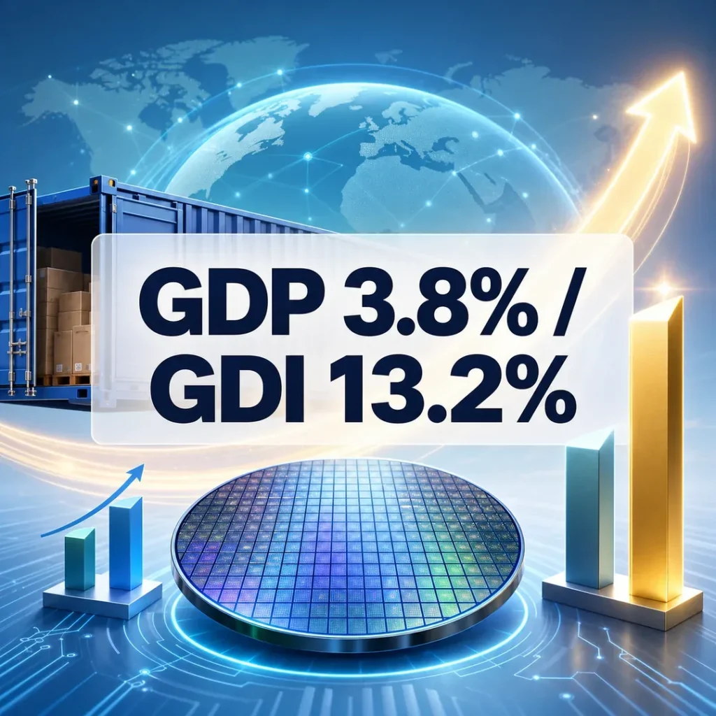 GDP 3.8%와 GDI 13.2% 격차를 반도체 수출과 교역조건으로 설명한 대표 이미지