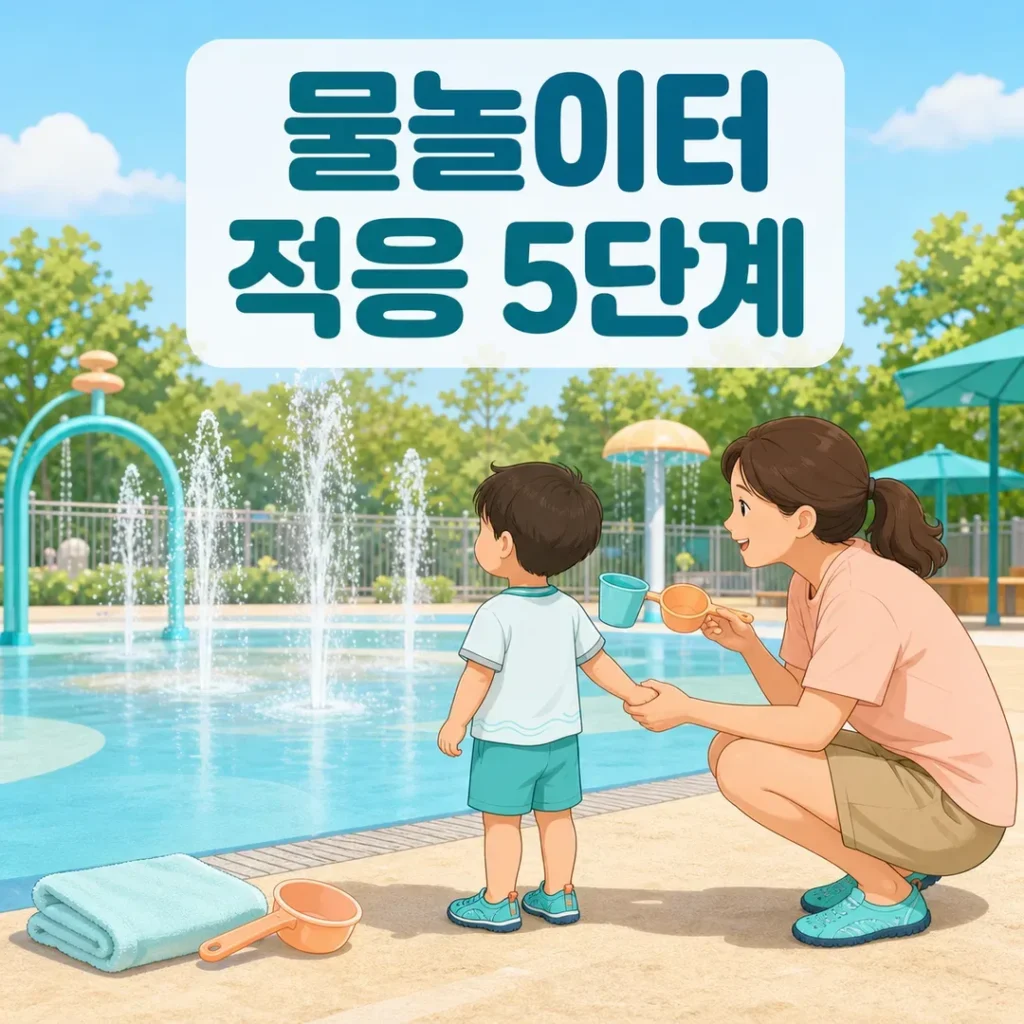물놀이터 가장자리에서 아이의 선택을 기다리는 부모와 물놀이 적응 5단계