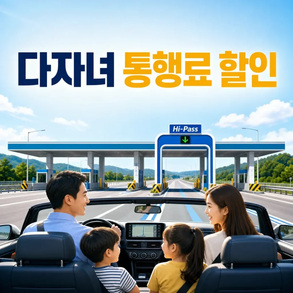 두 자녀와 함께 하이패스 차로를 이용하는 다자녀 통행료 할인 안내
