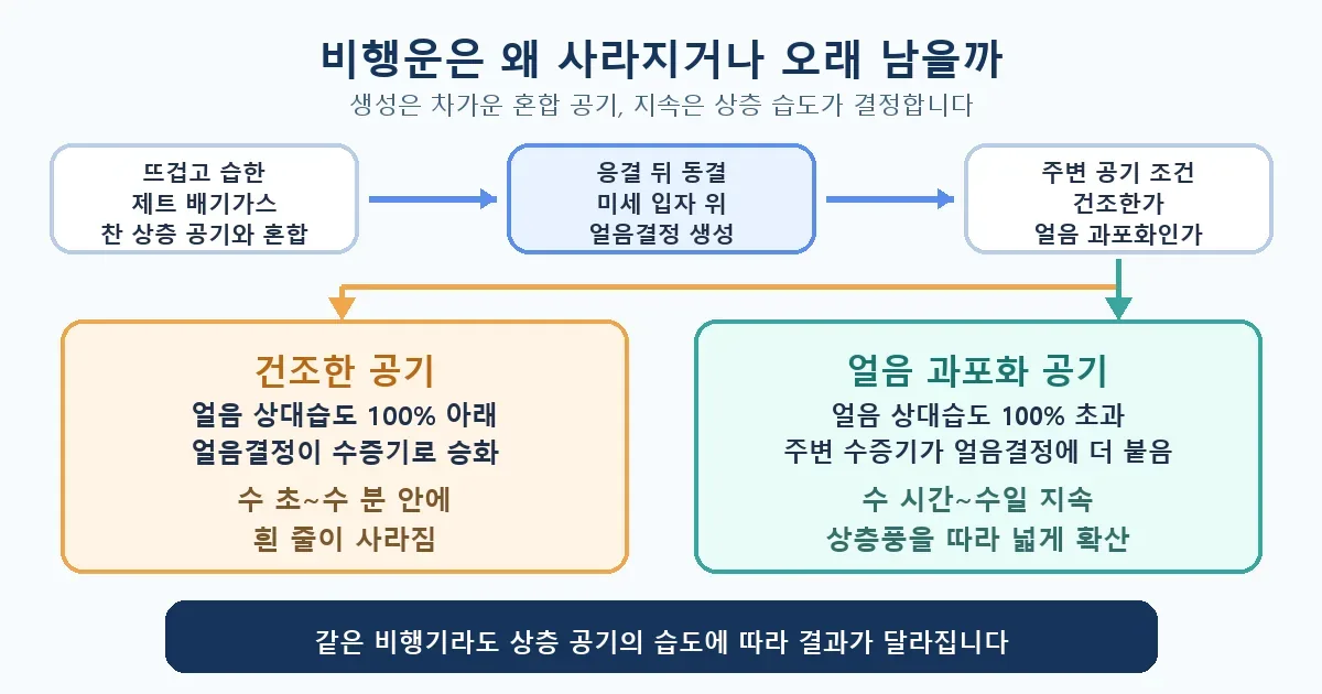 비행운이 건조한 공기에서 사라지고 얼음 과포화층에서 오래 남는 과정