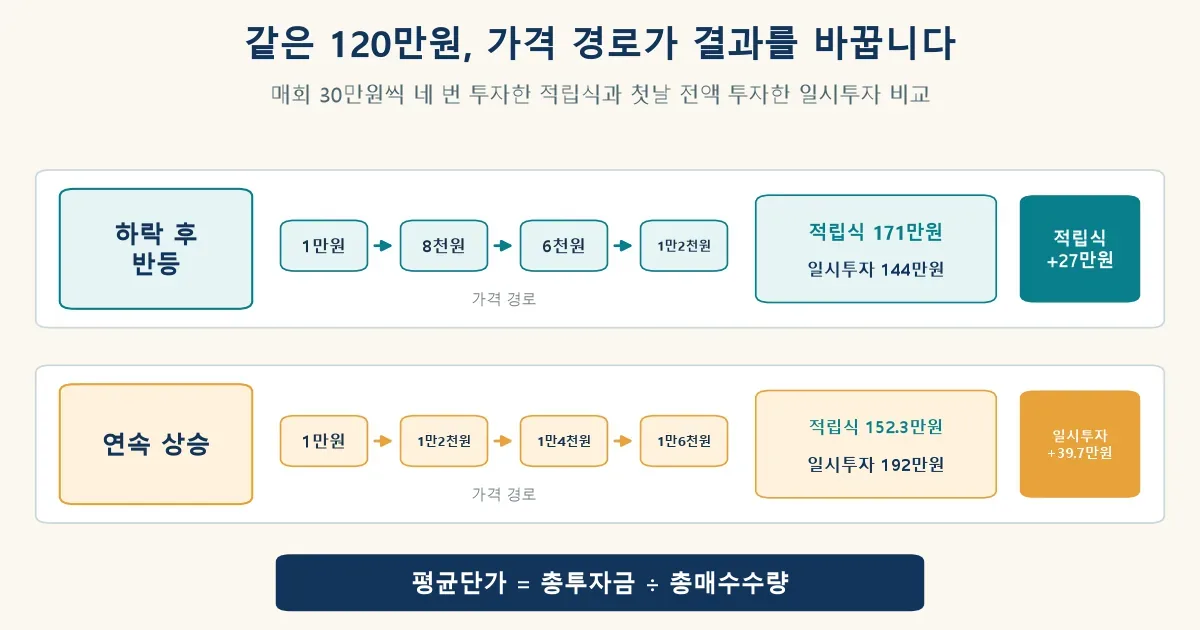 적립식 투자와 일시투자의 하락 후 반등 및 상승 가격 경로 비교