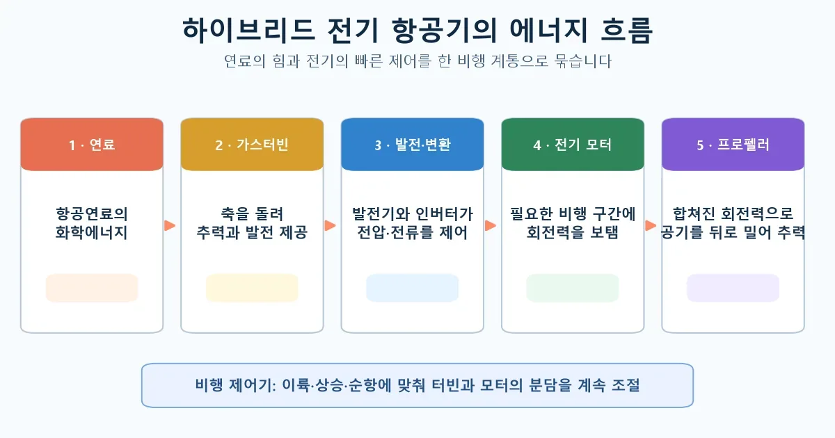 연료와 가스터빈에서 발전기 전력변환기 전기 모터 프로펠러로 이어지는 에너지 흐름