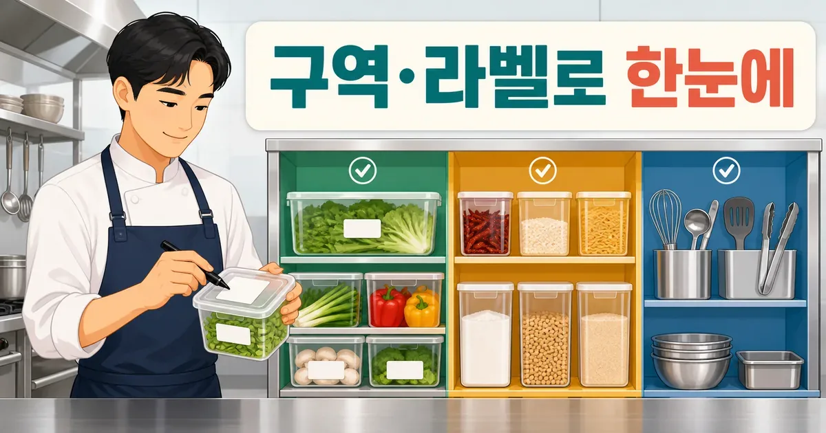 음식점 주방을 식재료와 조리도구 구역으로 나누고 용기에 라벨을 붙이는 모습