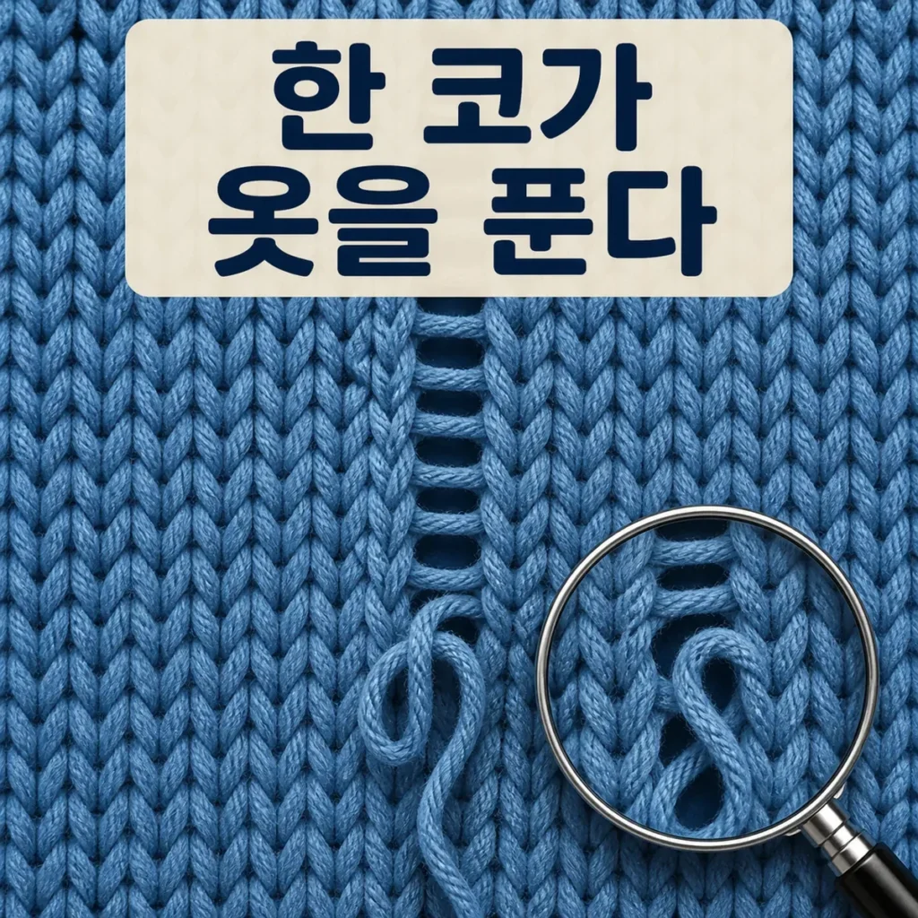 한 코가 빠져 세로로 풀리는 뜨개천과 한 코가 옷을 푼다 제목