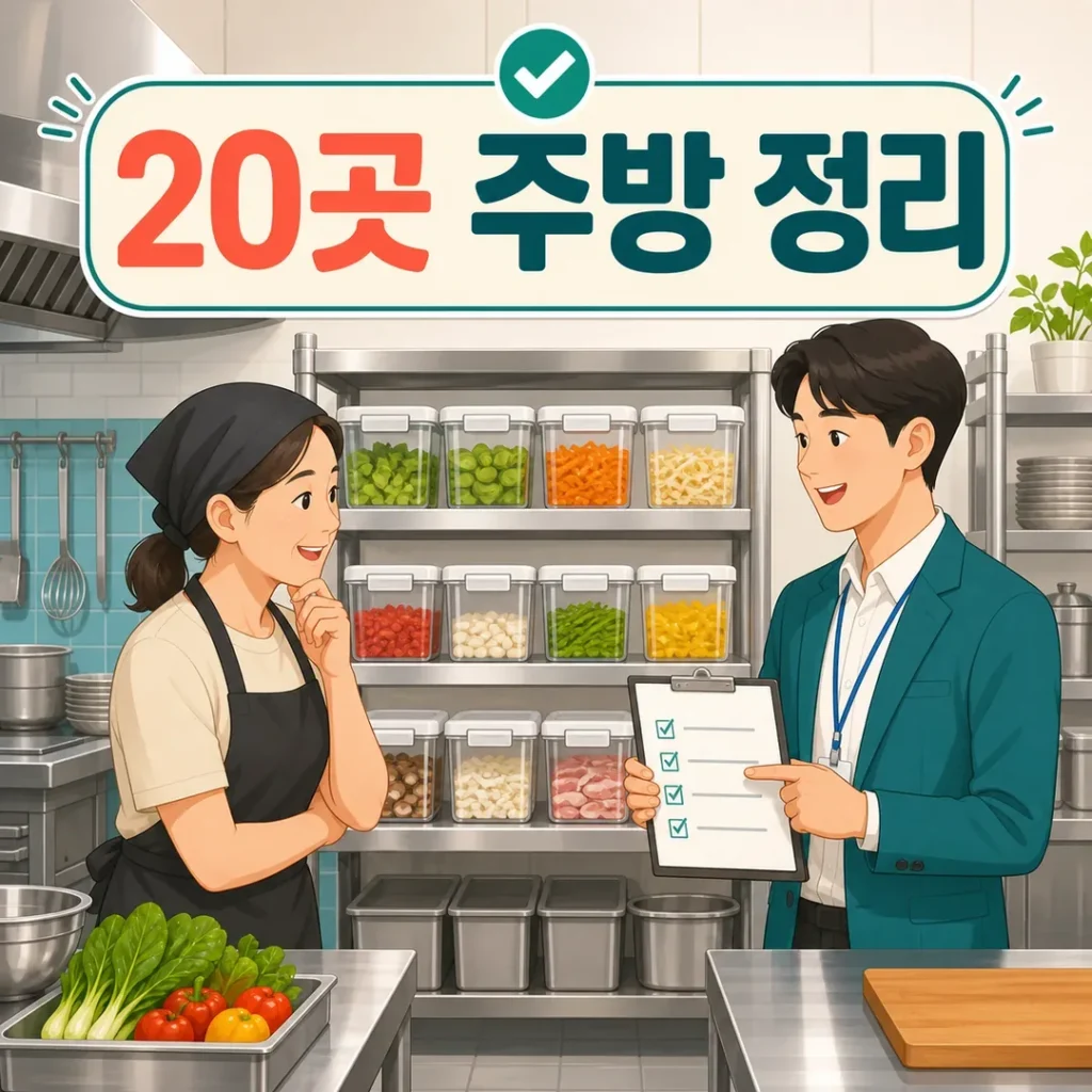 안산 음식점 주방 정리수납 컨설팅 20곳 모집을 안내하는 주방 일러스트