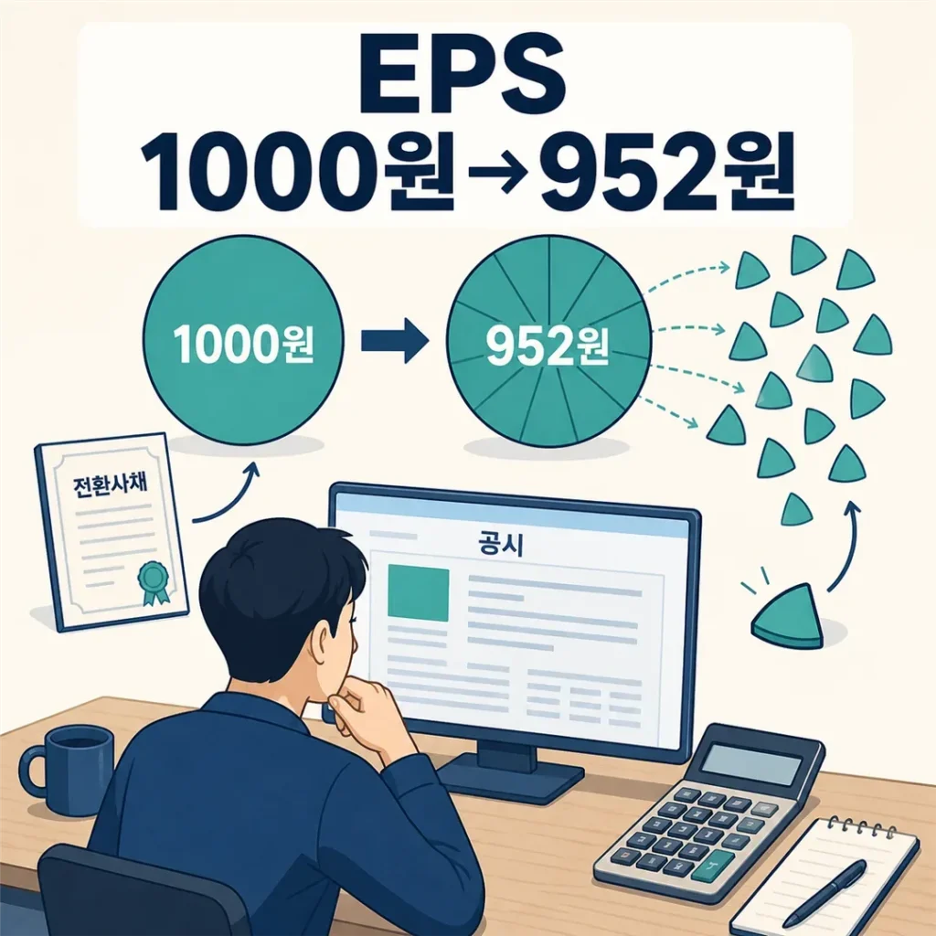 기본 EPS 1000원이 희석 EPS 952원으로 낮아지는 대표 이미지