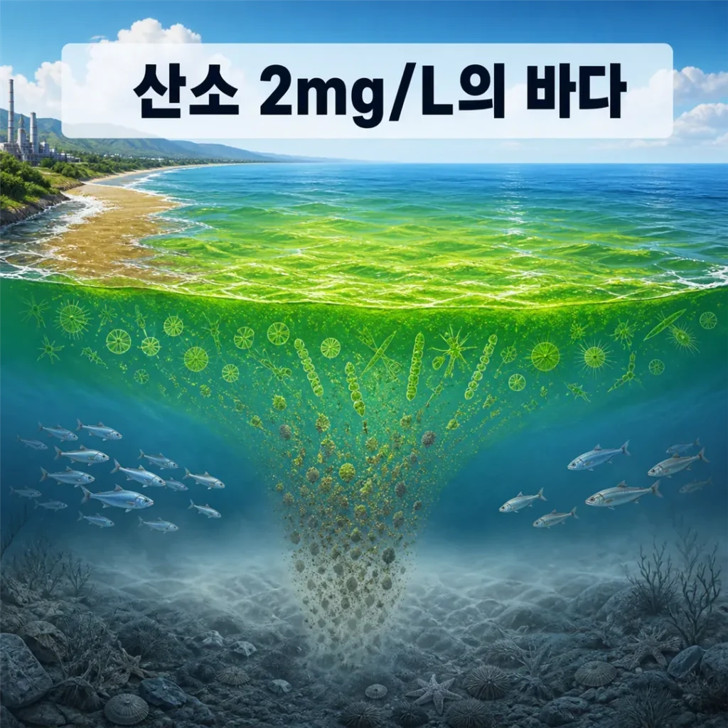 조류가 번성한 표층과 산소가 부족한 바닥층을 보여주는 바다 데드존 단면