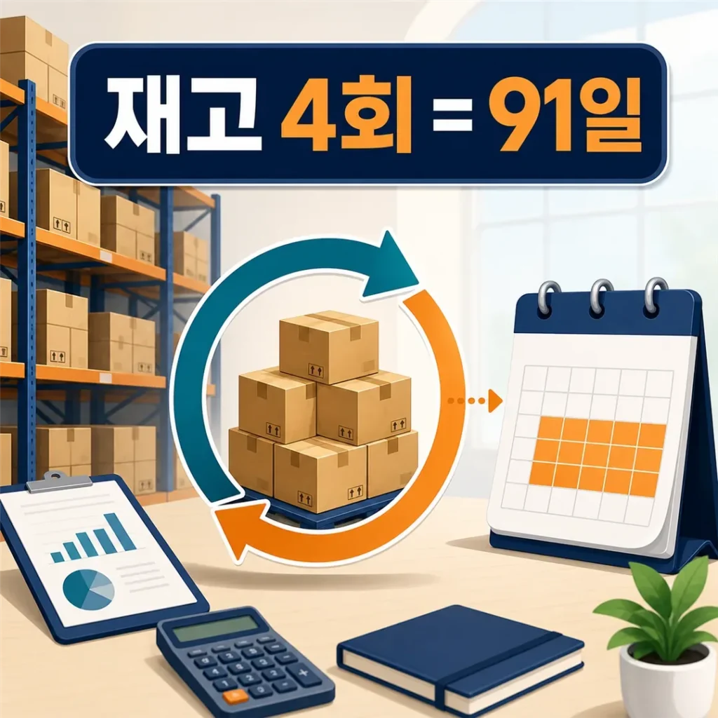 재고자산 회전율 4회가 재고일수 91일로 이어지는 창고와 달력 일러스트