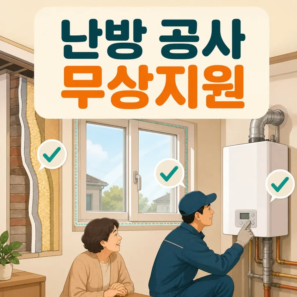 난방 공사 무상지원을 알리는 단열 창호 보일러 점검 일러스트