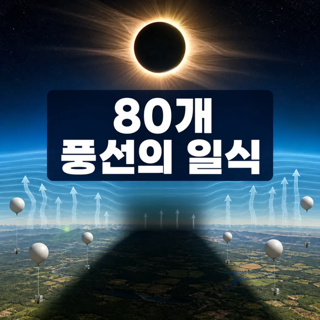 개기일식 그림자와 대기 흐름 사이로 NASA 관측 풍선이 떠 있는 과학 일러스트
