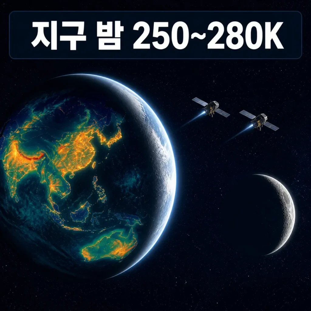 ESCAPADE 열화상으로 지구 밤 250~280K와 차가운 달의 밤을 비교한 대표 이미지