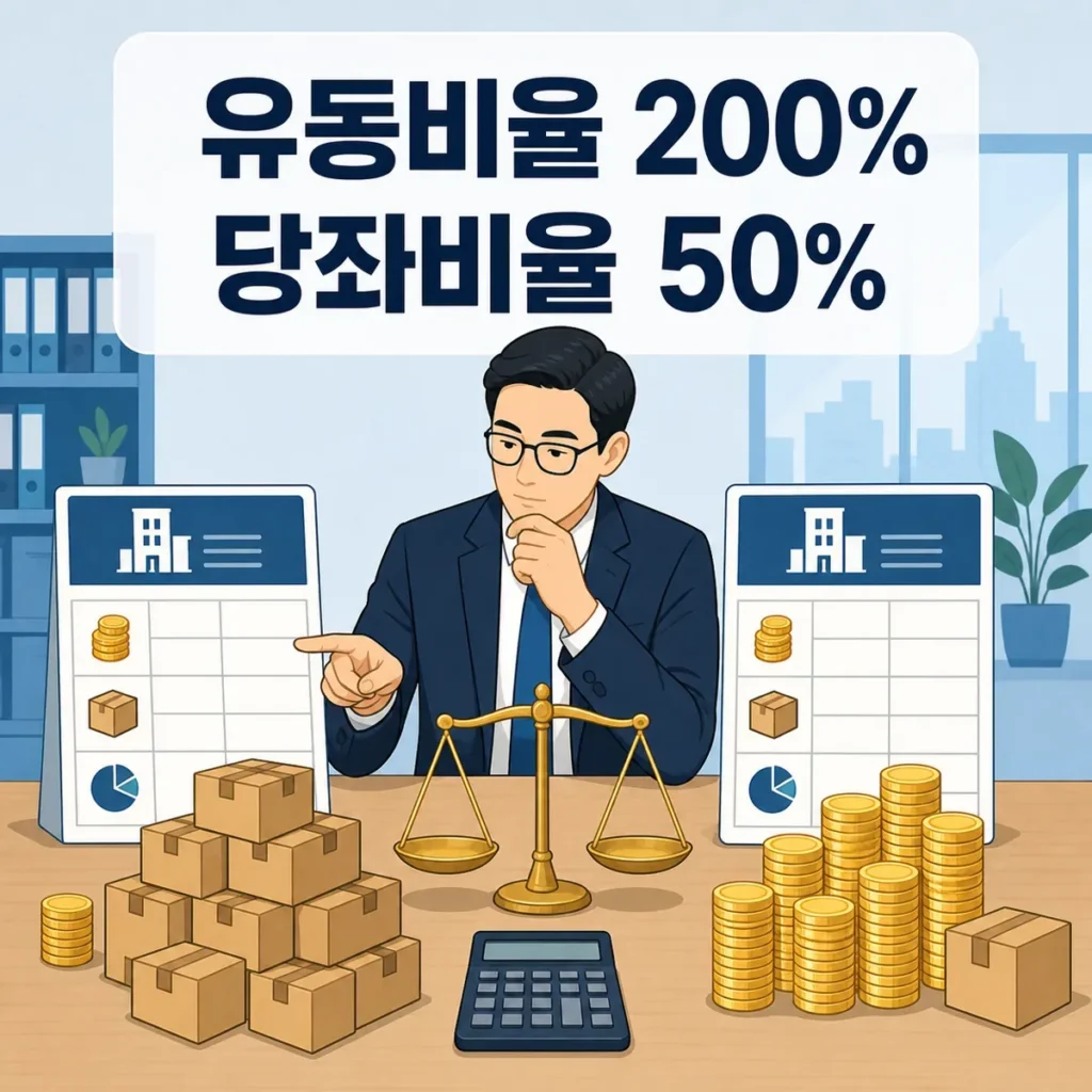 유동비율 200%와 당좌비율 50%의 차이를 재고와 현금 구성으로 표현한 대표 이미지