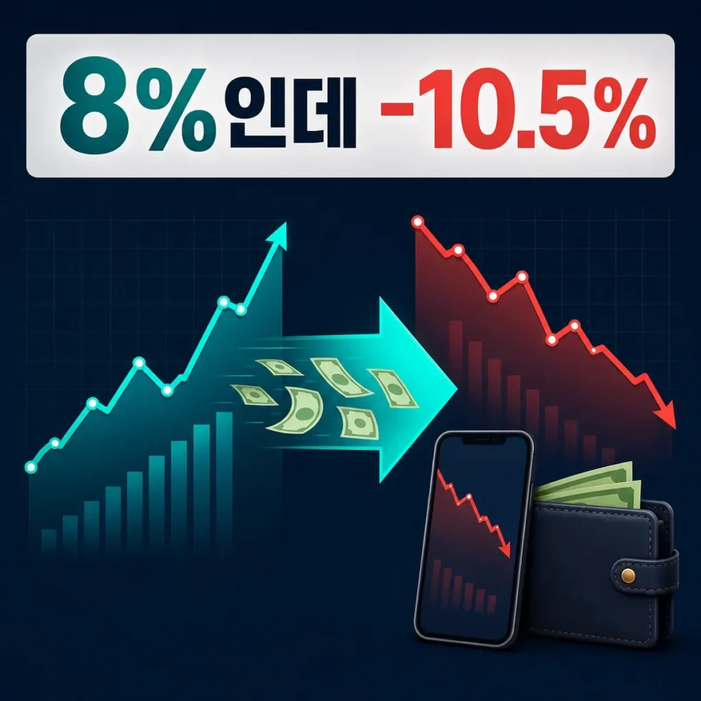 운용 수익률 8%와 개인 계좌 수익률 -10.5%를 현금 유입 전후 그래프로 비교한 대표 이미지