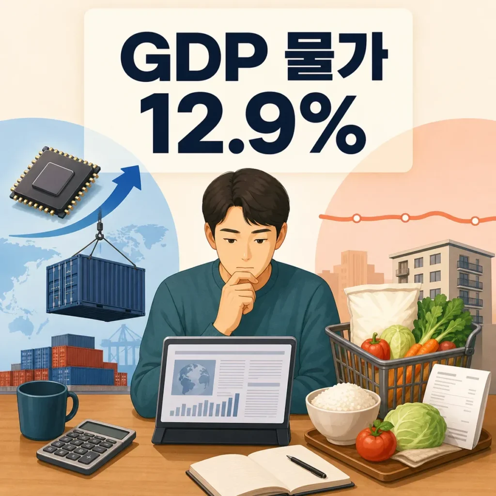 GDP 디플레이터 12.9%와 CPI 생활물가 차이를 보여주는 대표 이미지