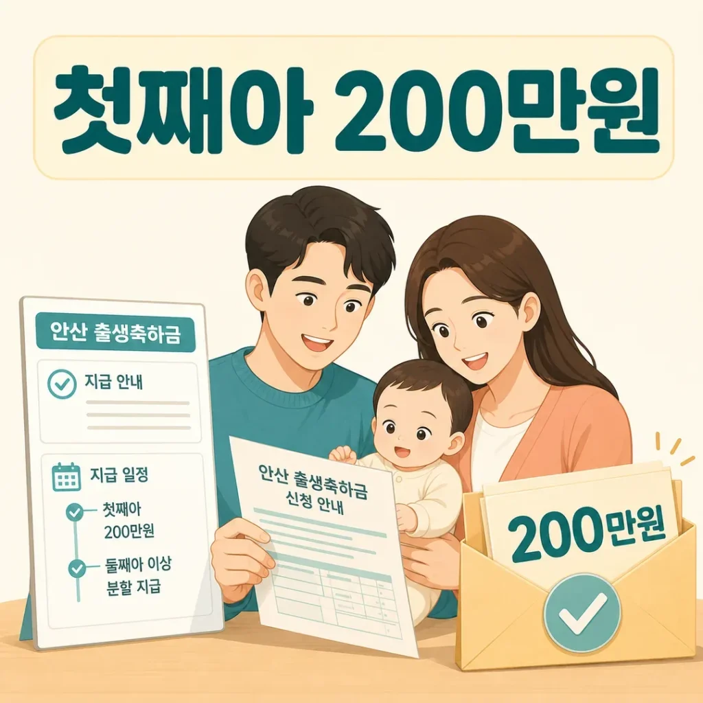 안산 출생축하금 첫째아 200만원 확대 안내를 확인하는 가족